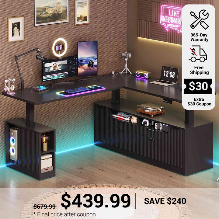 SEDETA 69 Inch L Shaped Electric Standing Desk Height Adjustable Home Office Executive Desk with 4 Drawers and Storage Shelves Fluted Computer Desks with Power Outlet