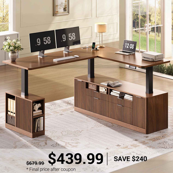 SEDETA 69 Inch L Shaped Electric Standing Desk Height Adjustable Home Office Executive Desk with 4 Drawers and Storage Shelves Fluted Computer Desks with Power Outlet