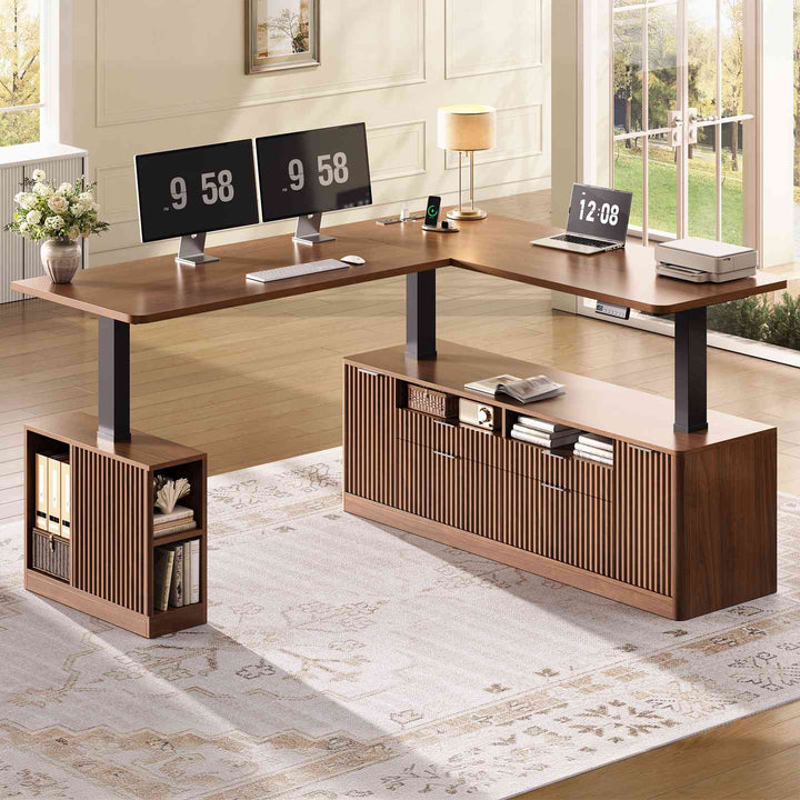 SEDETA 69 Inch L Shaped Electric Standing Desk Height Adjustable Home Office Executive Desk with 4 Drawers and Storage Shelves Fluted Computer Desks with Power Outlet