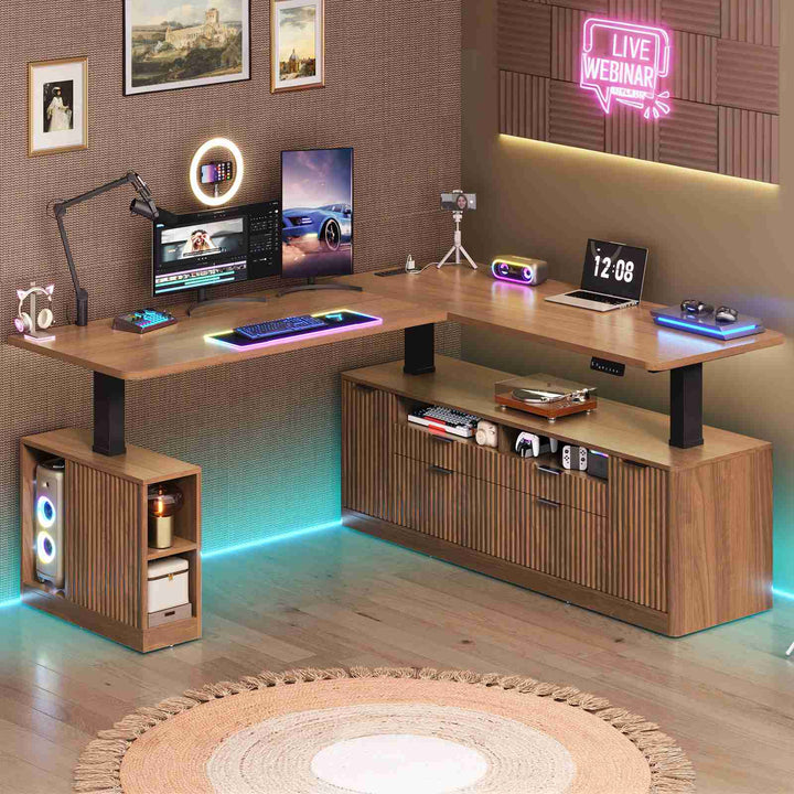 SEDETA 69 Inch L Shaped Electric Standing Desk Height Adjustable Home Office Executive Desk with 4 Drawers and Storage Shelves Fluted Computer Desks with Power Outlet