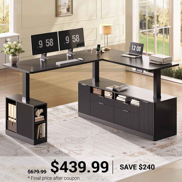 SEDETA 69 Inch L Shaped Electric Standing Desk Height Adjustable Home Office Executive Desk with 4 Drawers and Storage Shelves Fluted Computer Desks with Power Outlet