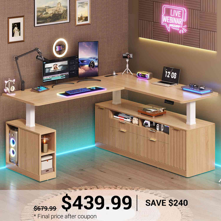 SEDETA 69 Inch L Shaped Electric Standing Desk Height Adjustable Home Office Executive Desk with 4 Drawers and Storage Shelves Fluted Computer Desks with Power Outlet