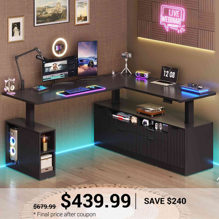 SEDETA 69 Inch L Shaped Electric Standing Desk Height Adjustable Home Office Executive Desk with 4 Drawers and Storage Shelves Fluted Computer Desks with Power Outlet