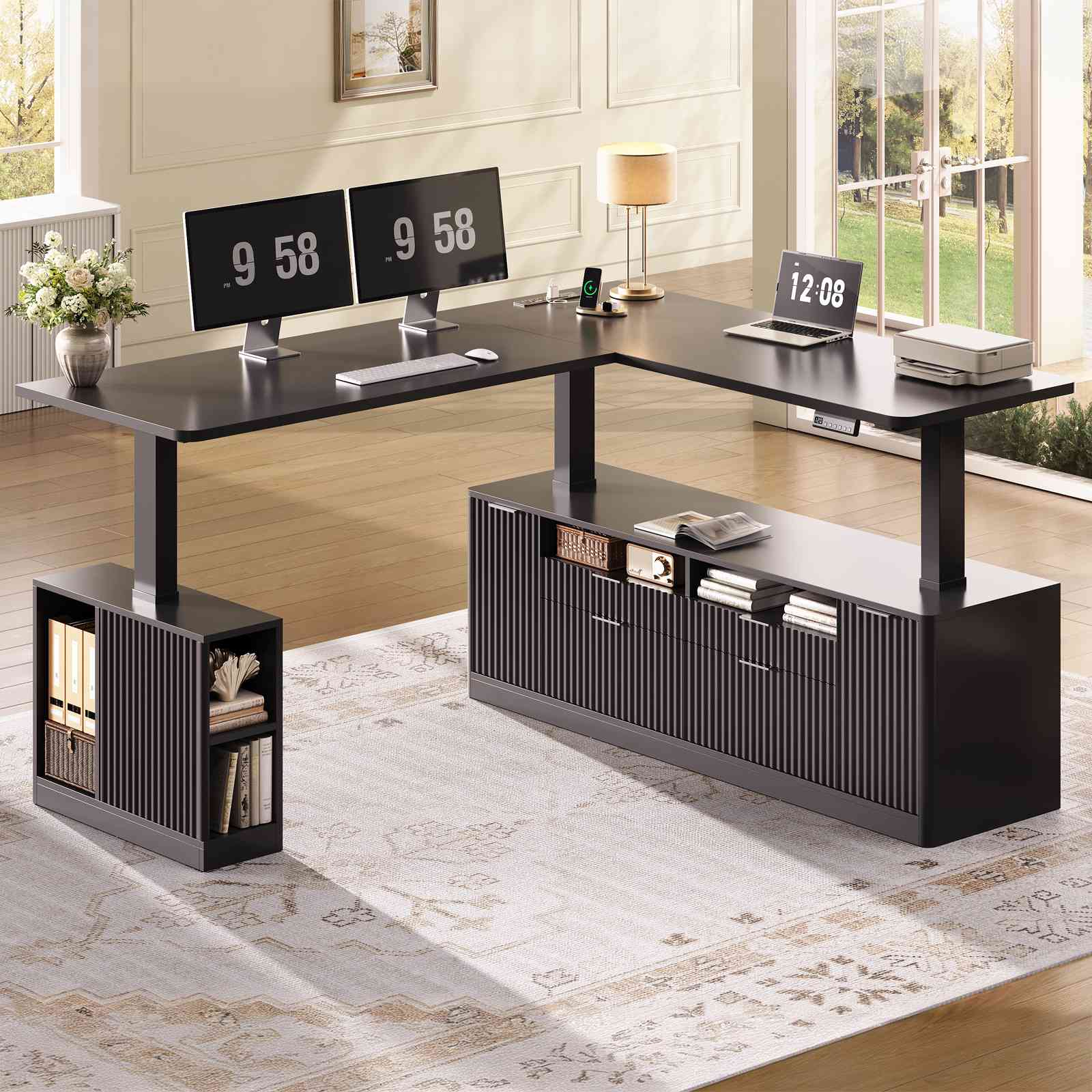 SEDETA | 69 Inch L Shaped Fluted Standing Desk Height Adjustable Elect