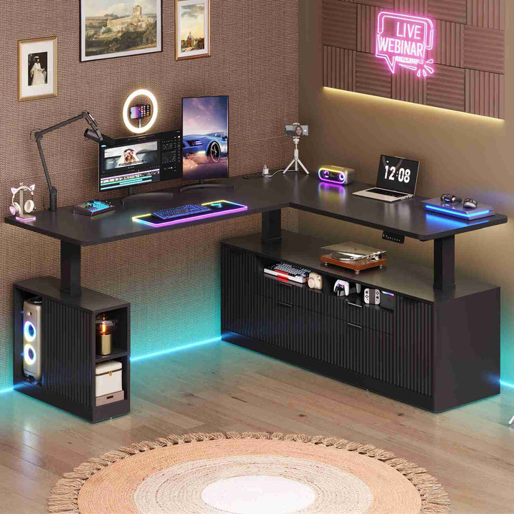 SEDETA 69 Inch L Shaped Electric Standing Desk Height Adjustable Home Office Executive Desk with 4 Drawers and Storage Shelves Fluted Computer Desks with Power Outlet