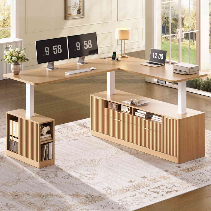 SEDETA 69 Inch L Shaped Electric Standing Desk Height Adjustable Home Office Executive Desk with 4 Drawers and Storage Shelves Fluted Computer Desks with Power Outlet