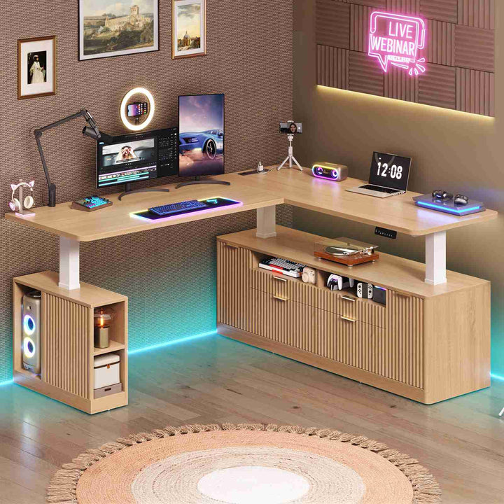 SEDETA 69 Inch L Shaped Electric Standing Desk Height Adjustable Home Office Executive Desk with 4 Drawers and Storage Shelves Fluted Computer Desks with Power Outlet