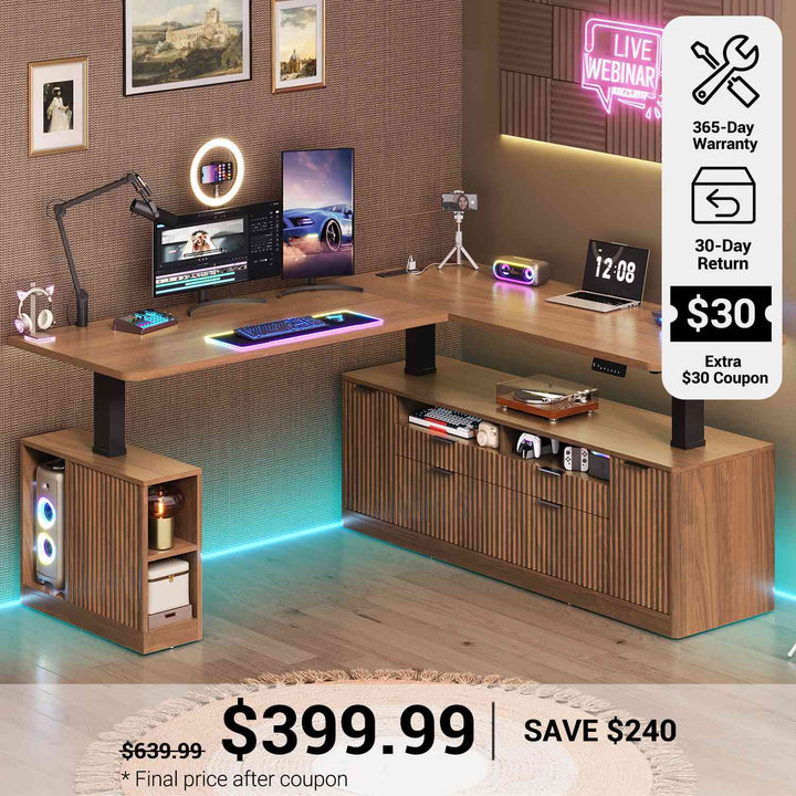 SEDETA® 69 Inch Fluted Height Adjustable Electric Standing Desk L Shaped Executive Office Computer Desk with 4 Drawers Storage Shelves Power Outlet