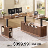 SEDETA | 69 Inch L Shaped Fluted Standing Desk Height Adjustable Electric Computer Executive Desks with Power Outlet 4 Drawers Storage Shelves