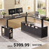 SEDETA | 69 Inch L Shaped Fluted Standing Desk Height Adjustable Electric Computer Executive Desks with Power Outlet 4 Drawers Storage Shelves