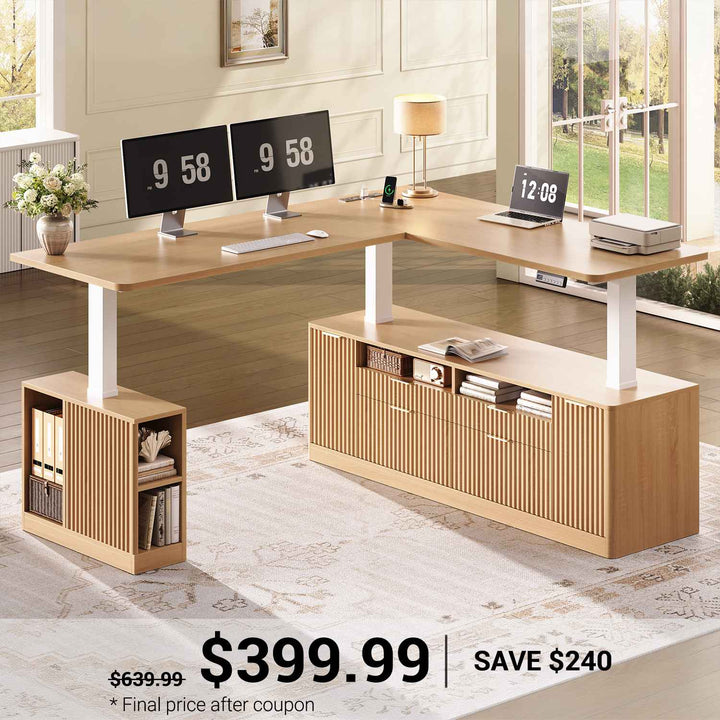 SEDETA | 69 Inch L Shaped Fluted Standing Desk Height Adjustable Electric Computer Executive Desks with Power Outlet 4 Drawers Storage Shelves