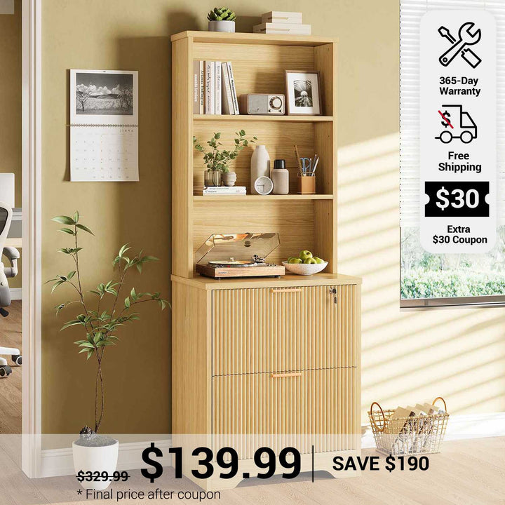 SEDETA Fluted File Cabinet with Lock Farmhouse Wood Filing Cabinet fits Letter Legal A4 Size Hanging File Folders with 2 Drawer Adjustable Storage Shelf for Home Office