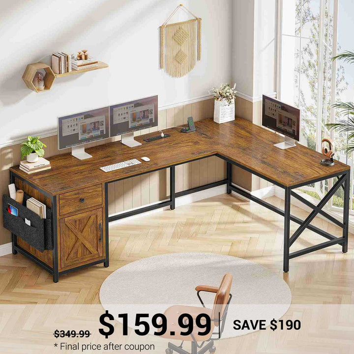 SEDETA 63 Inch L Shaped Corner Computer Desk Convertible Long Home Office Desk with Storage Cabinet