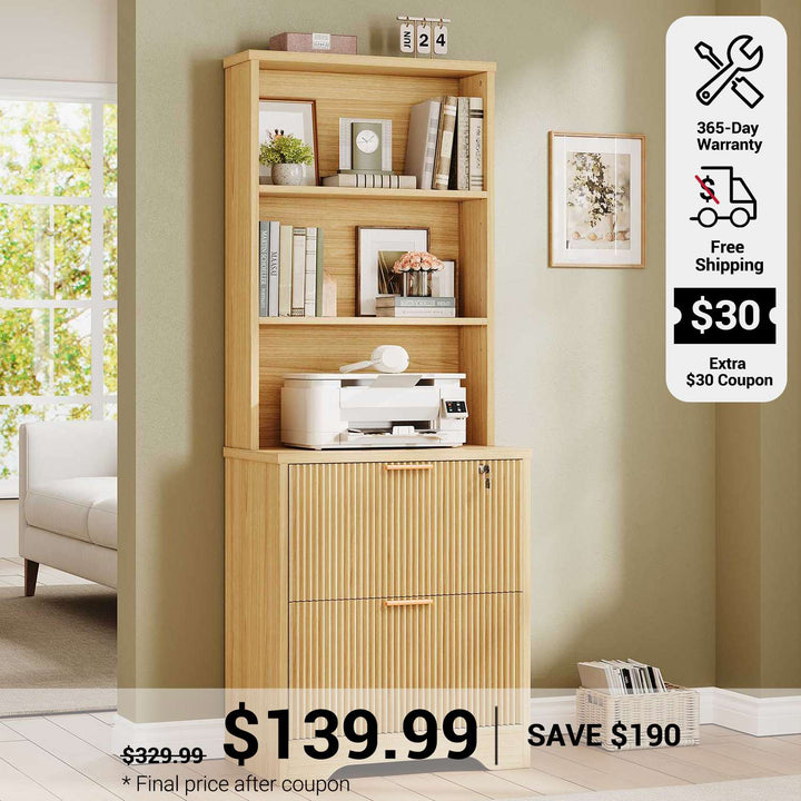 SEDETA Fluted File Cabinet with Lock Farmhouse Wood Filing Cabinet fits Letter Legal A4 Size Hanging File Folders with 2 Drawer Adjustable Storage Shelf for Home Office