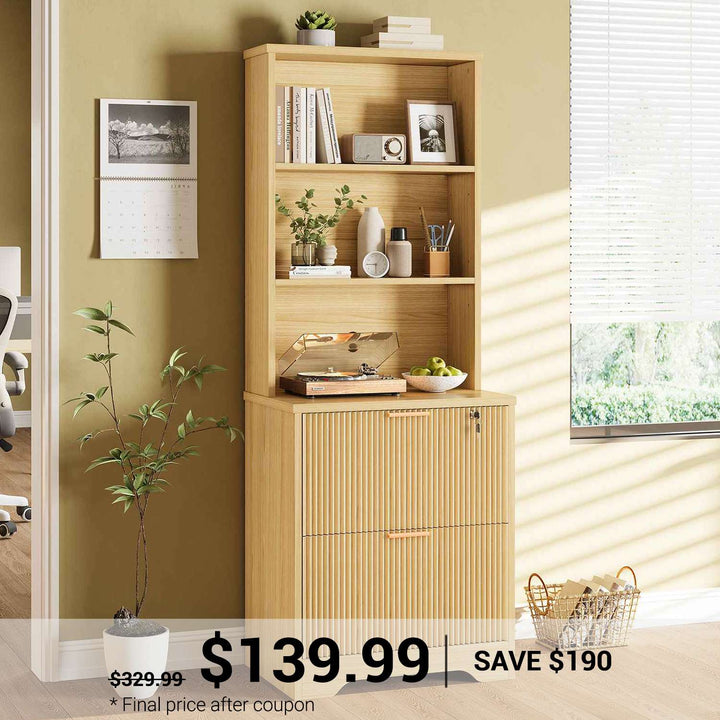 SEDETA Fluted File Cabinet with Lock Farmhouse Wood Filing Cabinet fits Letter Legal A4 Size Hanging File Folders with 2 Drawer Adjustable Storage Shelf for Home Office