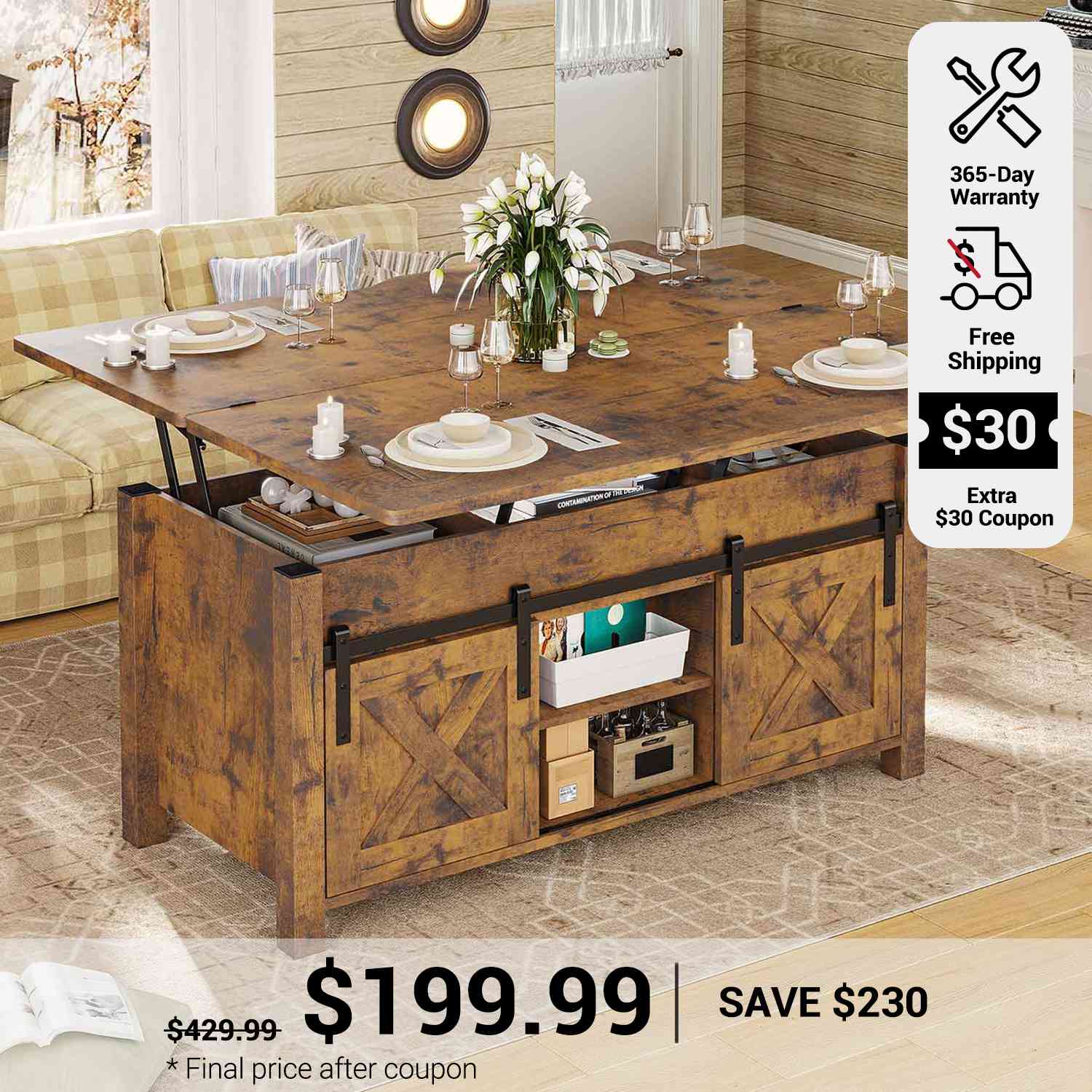 SEDETA 40 Inch Lift Top Coffee Table 4 in 1 Multi-Function Convertible