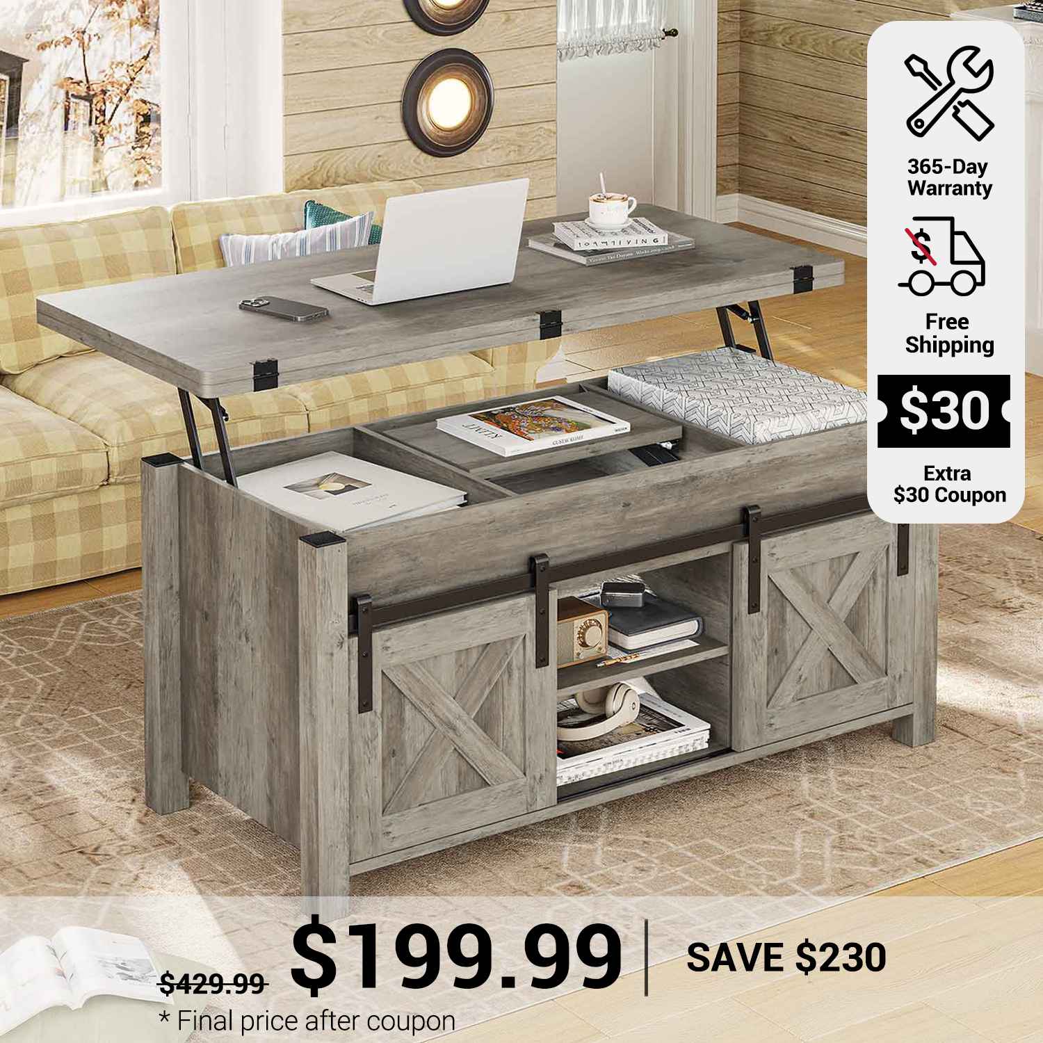 SEDETA 40 Inch Lift Top Coffee Table 4 in 1 Multi-Function Convertible