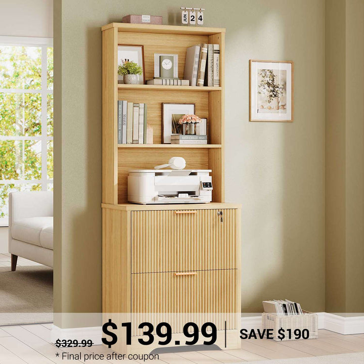 SEDETA Fluted File Cabinet with Lock Farmhouse Wood Filing Cabinet fits Letter Legal A4 Size Hanging File Folders with 2 Drawer Adjustable Storage Shelf for Home Office