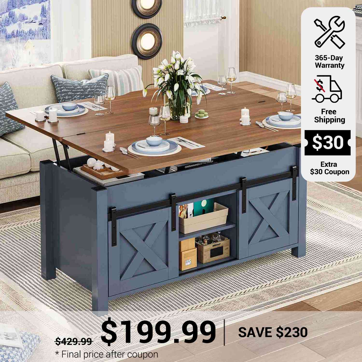 SEDETA 40 Inch Lift Top Coffee Table 4 in 1 Multi-Function Convertible