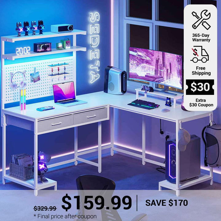 SEDETA L Shaped Gaming Desk with LED Lights Pegboard Drawers and Hutch