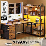 SEDETA 58 Inch L Shaped Computer Desk with Storage Shelves and LED Light for Home Office