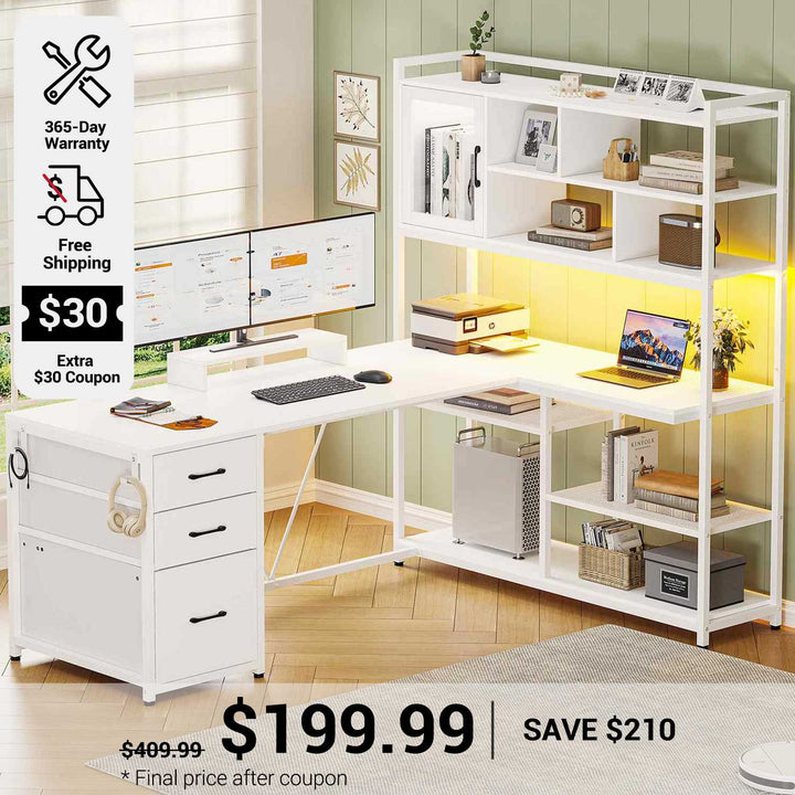SEDETA 58 Inch L Shaped Computer Desk with Storage Shelves and LED Light for Home Office