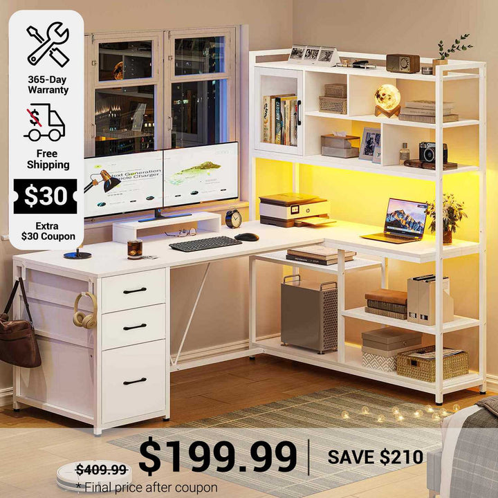 SEDETA 58 Inch L Shaped Computer Desk with Storage Shelves and LED Light for Home Office