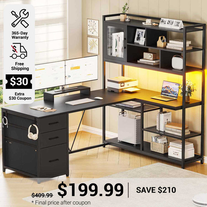 SEDETA 58 Inch L Shaped Computer Desk with Storage Shelves and LED Light for Home Office