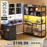 SEDETA 58 Inch L Shaped Computer Desk with Storage Shelves and LED Light for Home Office