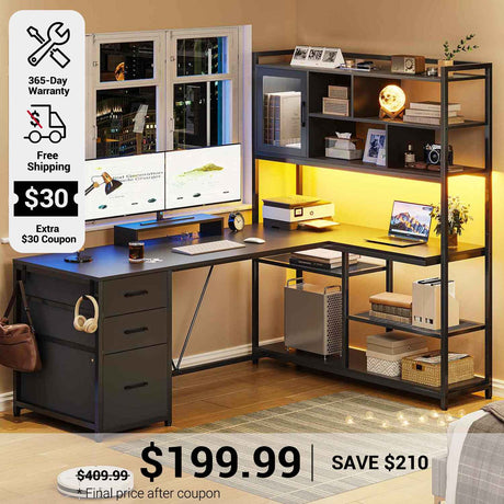 SEDETA 58 Inch L Shaped Computer Desk with Storage Shelves and LED Light for Home Office