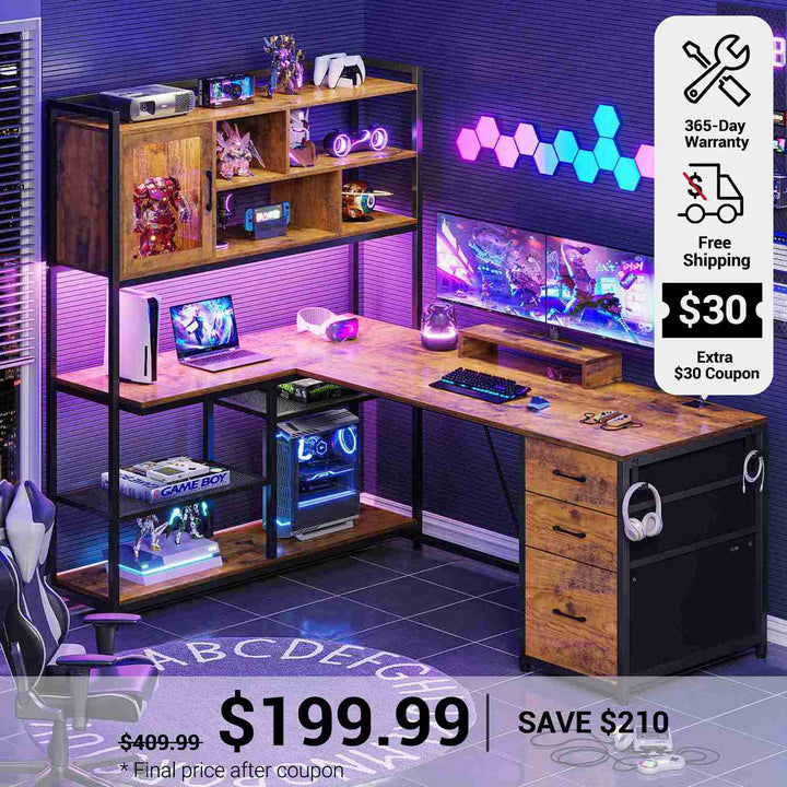 SEDETA 58 Inch L Shaped Computer Desk with Storage Shelves and LED Light for Home Office