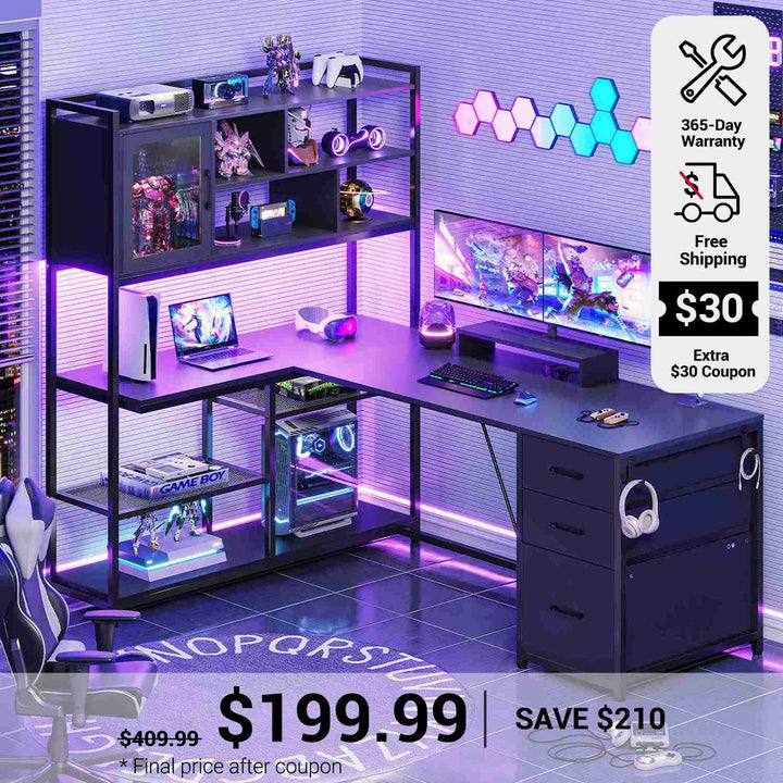 SEDETA 58 Inch L Shaped Computer Desk with Storage Shelves and LED Light for Home Office