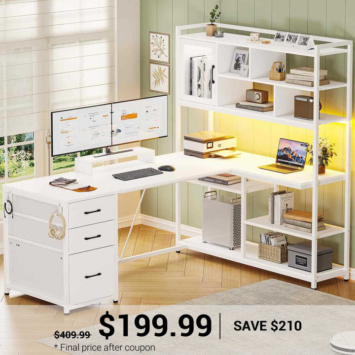 SEDETA 58 Inch L Shaped Computer Desk with Storage Shelves and LED Light for Home Office