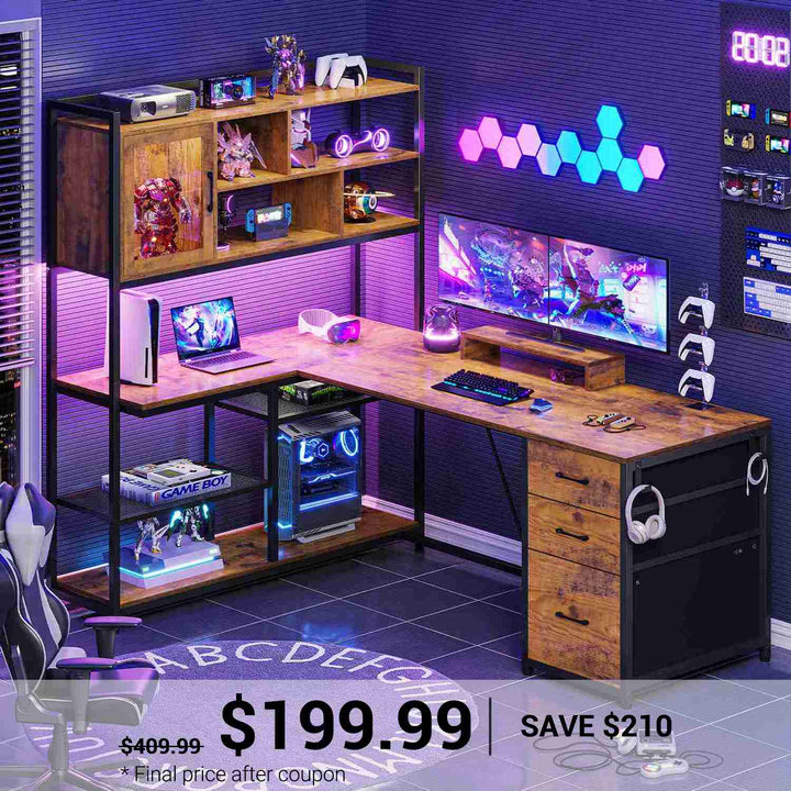 SEDETA 58 Inch L Shaped Computer Desk with Storage Shelves and LED Light for Home Office