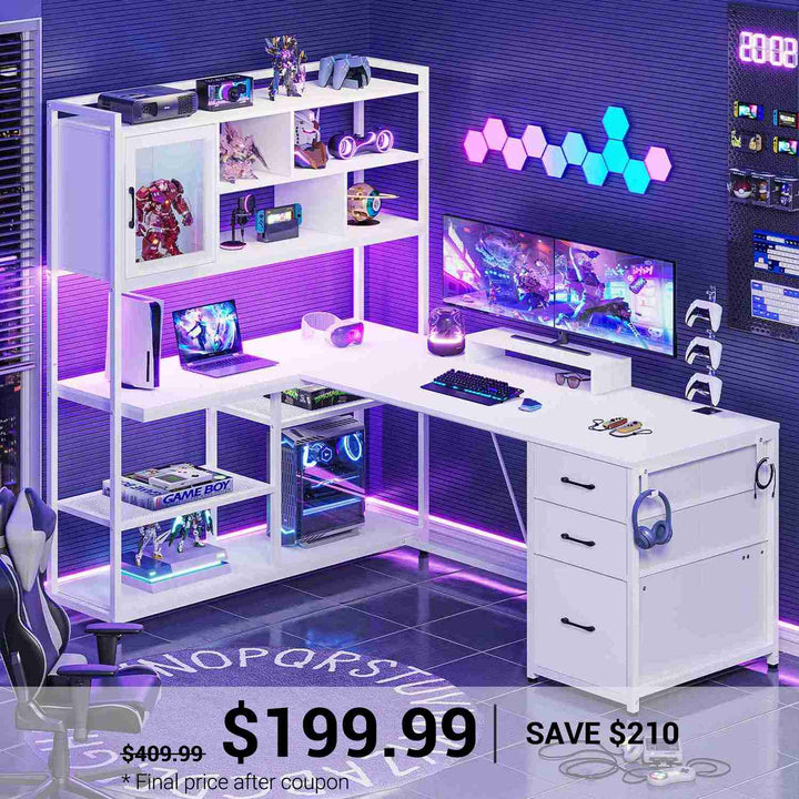 SEDETA 58 Inch L Shaped Computer Desk with Storage Shelves and LED Light for Home Office