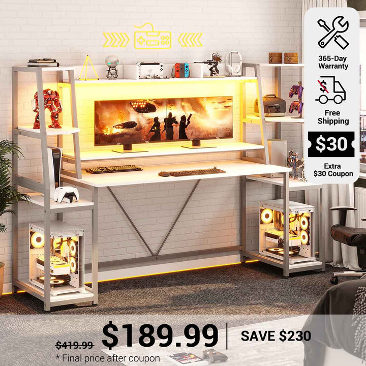 SEDETA 78.8 Inch Gaming Desk  with LED Lights Hutch Storage Shelves