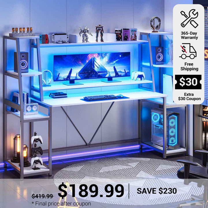 SEDETA 78.8 Inch Gaming Desk  with LED Lights Hutch Storage Shelves