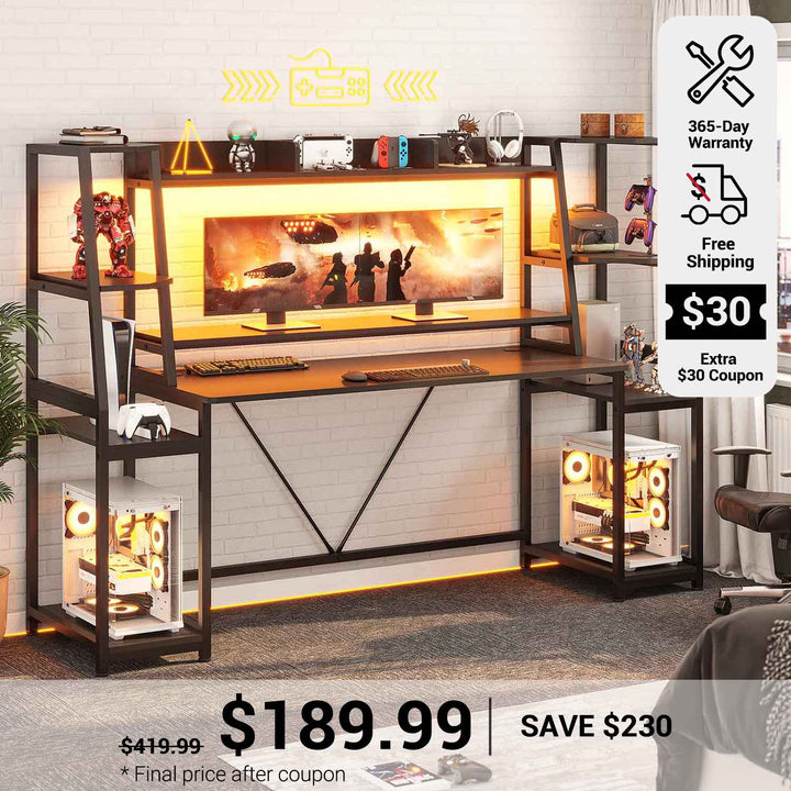 SEDETA 78.8 Inch Gaming Desk  with LED Lights Hutch Storage Shelves