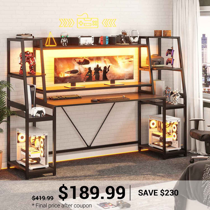 SEDETA 78.8 Inch Gaming Desk  with LED Lights Hutch Storage Shelves