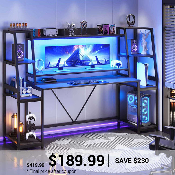 SEDETA 78.8 Inch Gaming Desk  with LED Lights Hutch Storage Shelves