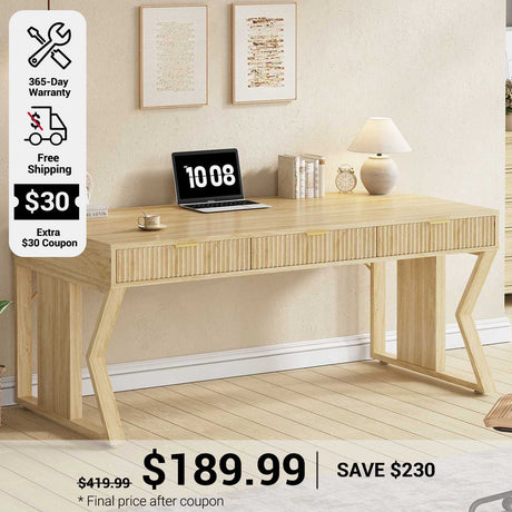 SEDETA 55 Inch Fluted Executive Desk Computer Writing Table with Storage Drawers