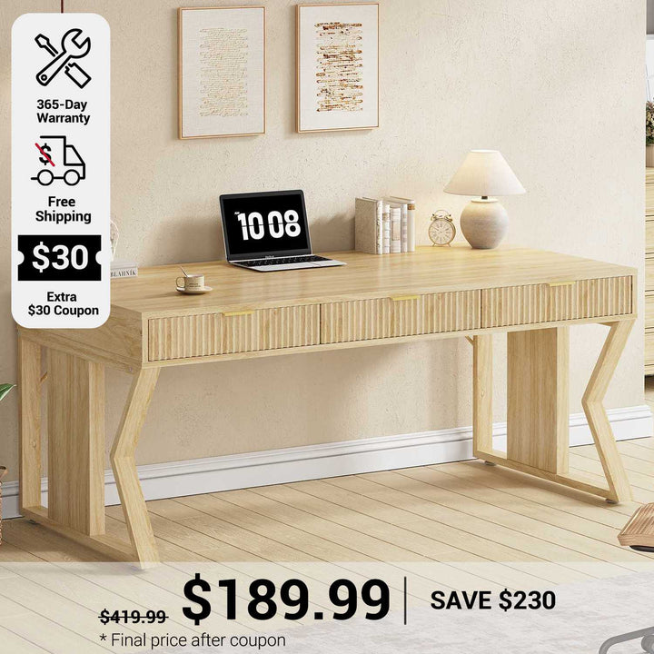 SEDETA 55 Inch Fluted Executive Desk Computer Writing Table with Storage Drawers