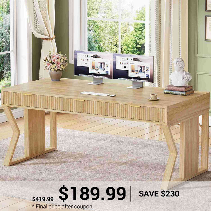 SEDETA 55 Inch Fluted Executive Desk Computer Writing Table with Storage Drawers