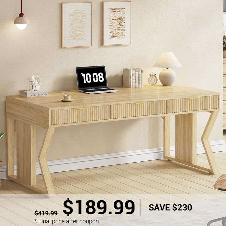 SEDETA 55 Inch Fluted Executive Desk Computer Writing Table with Storage Drawers