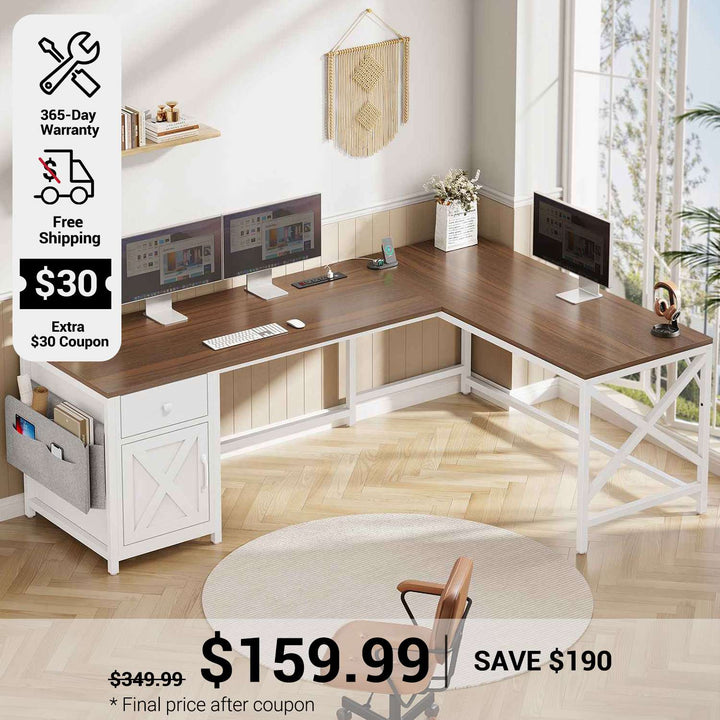 SEDETA 63 Inch L Shaped Corner Computer Desk Convertible Long Home Office Desk with Storage Cabinet