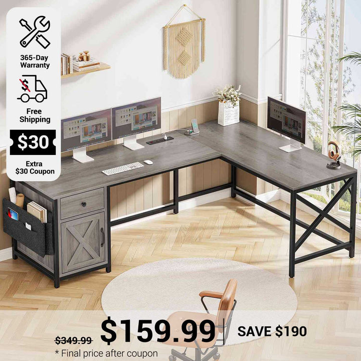 SEDETA 63 Inch L Shaped Corner Computer Desk Convertible Long Home Office Desk with Storage Cabinet