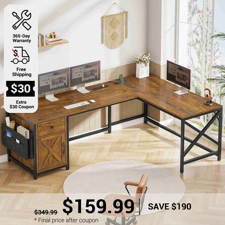 SEDETA 63 Inch L Shaped Corner Computer Desk Convertible Long Home Office Desk with Storage Cabinet