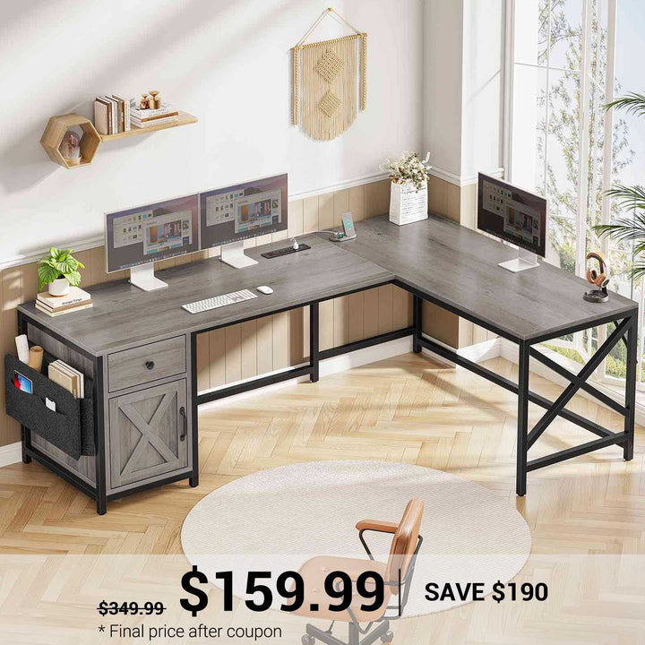 SEDETA 63 Inch L Shaped Corner Computer Desk Convertible Long Home Office Desk with Storage Cabinet