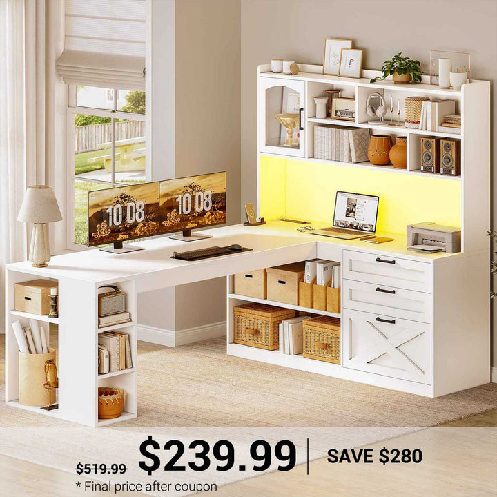 SEDETA® 61 Inch Farmhouse Computer Desk L Shaped Office Desk Corner Gaming Desk with LED Light Power Outlet Storage Shelves Drawers Display Cabinet