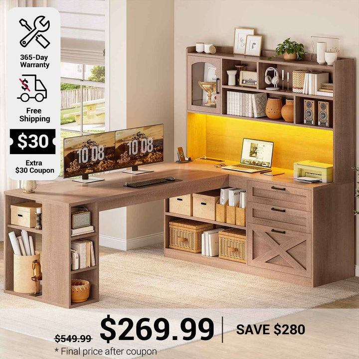 SEDETA 61 Inch Farmhouse Gaming Desk L Shaped Office Computer Desk with Display Cabinet Drawers Storage Shelves LED Light Power Outlet